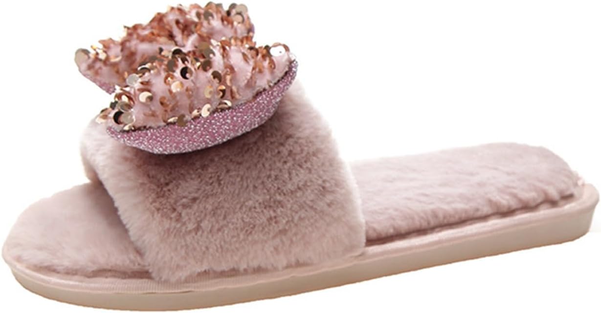 

Женские домашние тапочки с блестками, нескользящие, с открытым носком, мягкие, из плюша и флиса, теплые с эффектом памяти, уютные домашние тапочки для улицы и дома (38/39 EU, розовые) Znel