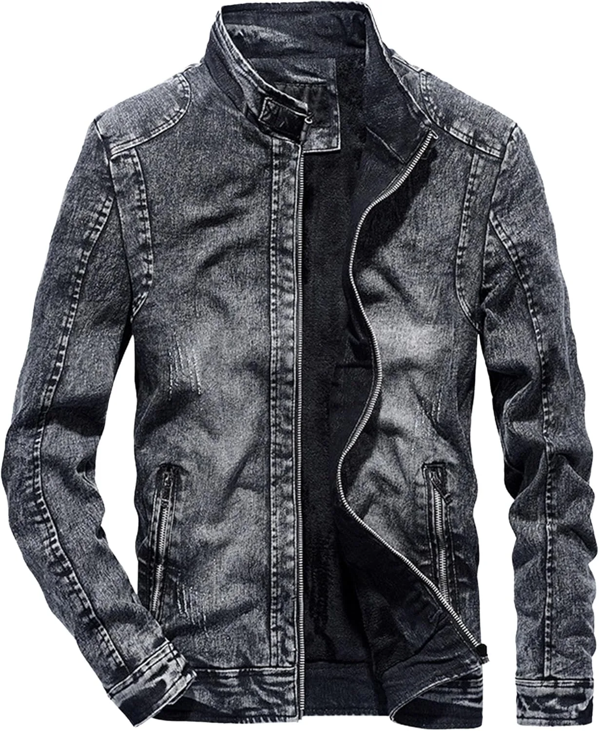 Мужская винтажная утепленная джинсовая куртка Slim Fit зимняя теплая джинсовая куртка на молнии Generic, черный