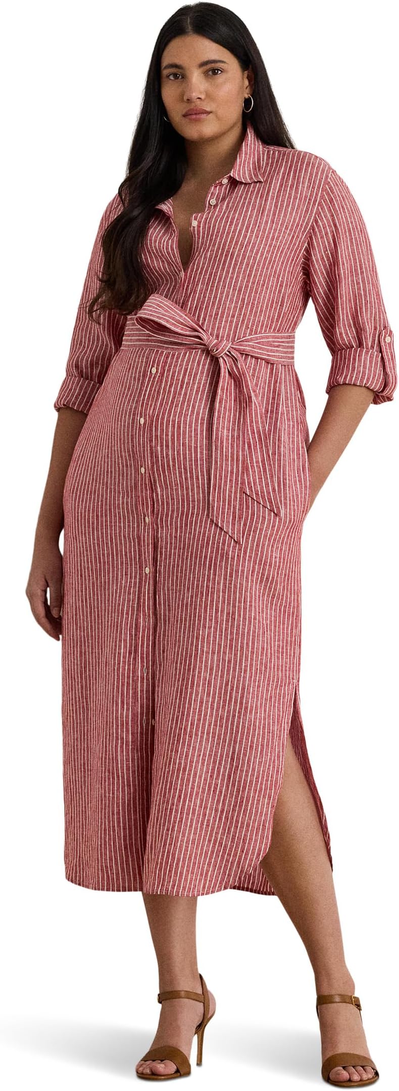 

Платье Lauren Ralph Lauren Plus Size Striped Linen Roll-tab-sleeve Shirtdress, цвет Light Red/White