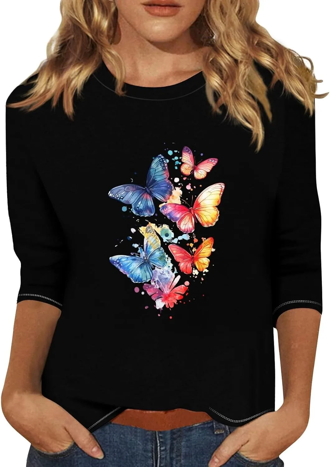 

Летний топ для женщин Trendy Graphic Crewneck с 3/4 рукавом Kvsozwuty