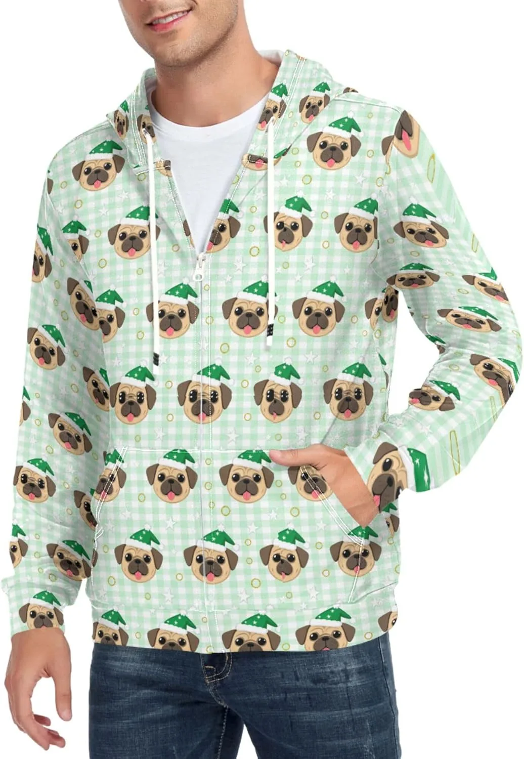 

Мужская толстовка с полной молнией и принтом с мордочками мопсов CUPADA