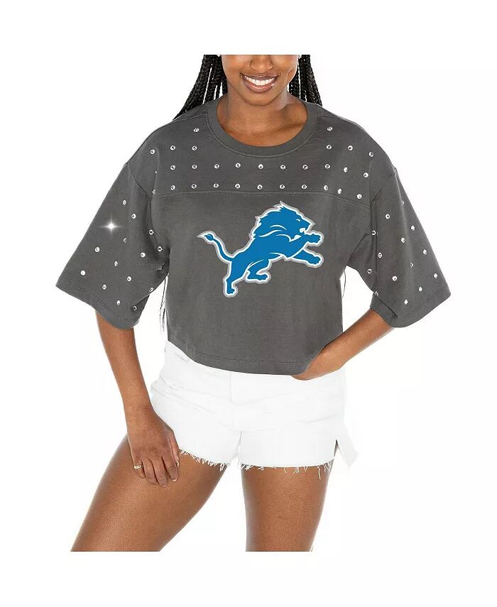 

Женская серая укороченная футболка Detroit Lions большого размера со стразами Gameday Couture