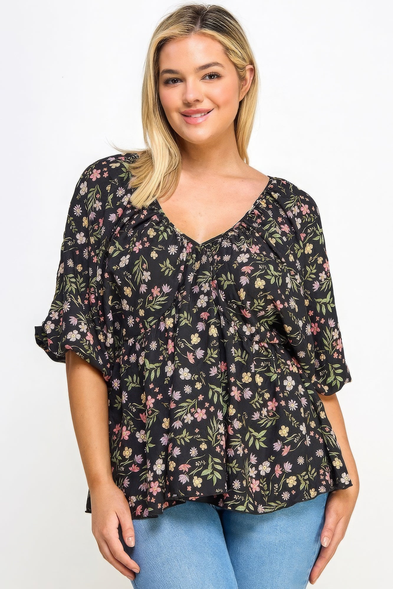 

Цветочный V-образный вырез Babydoll Balloon Slv Топ FASHNZFAB, черный