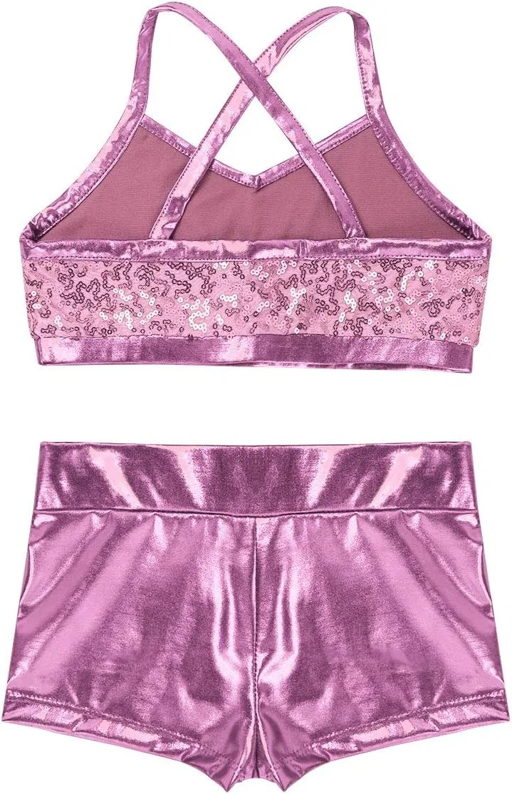 Спортивный костюм для девочек с пайетками vastwit, топ и шорты, Pink Sequined — фото 4