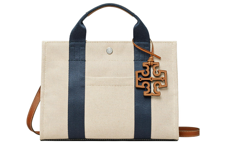 

TORY BURCH Сумка-шоппер Trumpets из холста с кожаной отделкой, женская, натурально-бежевого цвета