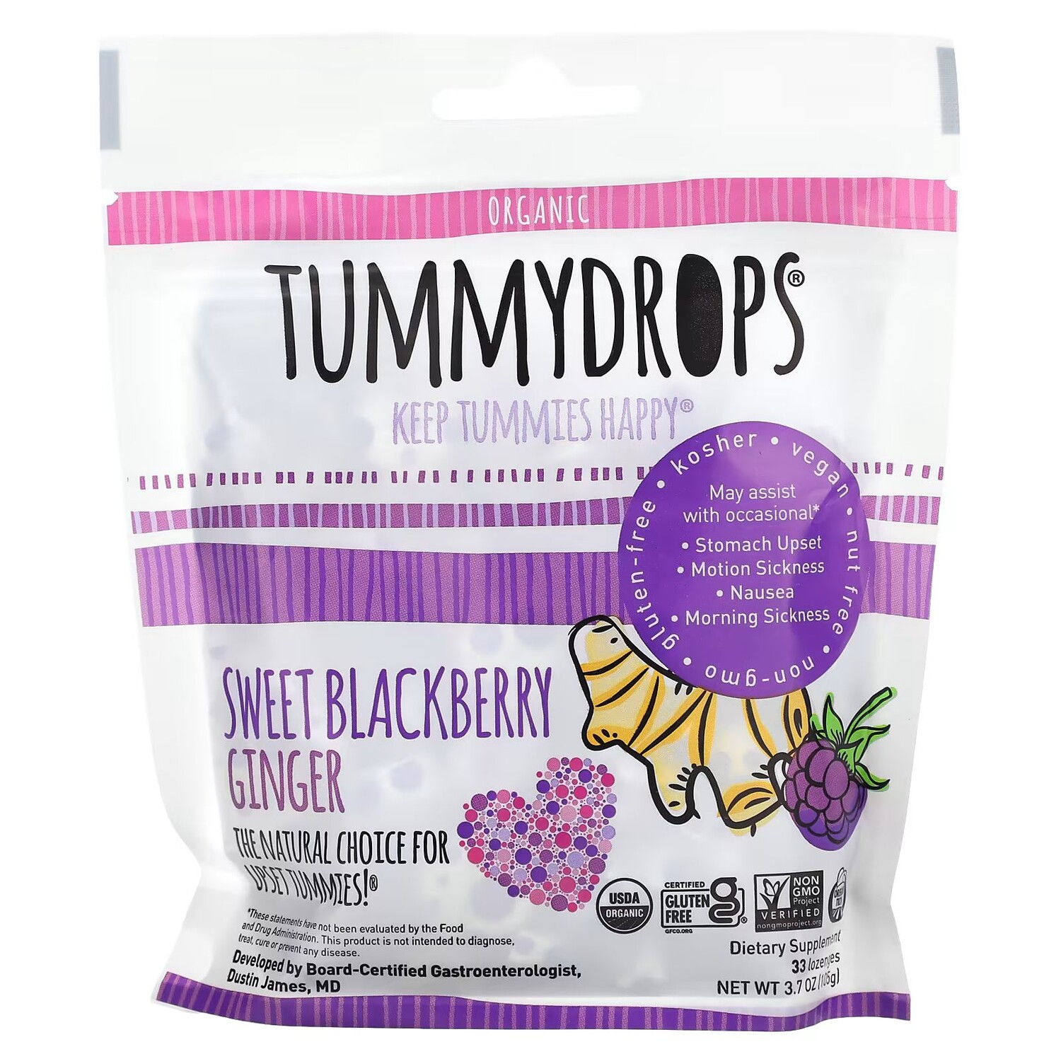 

Органический сладкий ежевичный имбирь, 33 пастилки Tummydrops