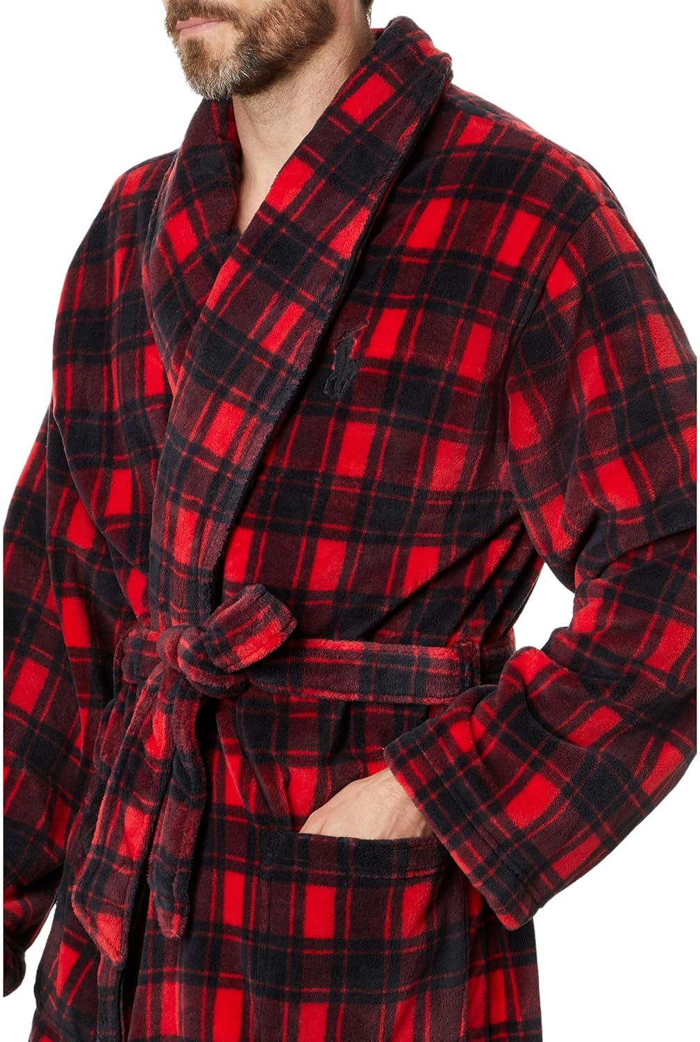 POLO RALPH LAUREN мужской халат с длинным рукавом и воротником-шалью из микрофибры, Holiday Check Plaid — фото 3