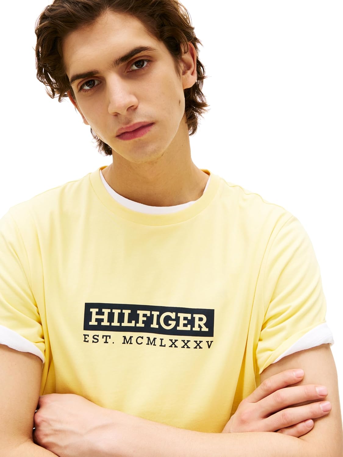Мужские хлопковые футболки Tommy Hilfiger с короткими рукавами и напечатанным логотипом, также доступны в размерах для больших и высоких размеров, Citronella — фото 2