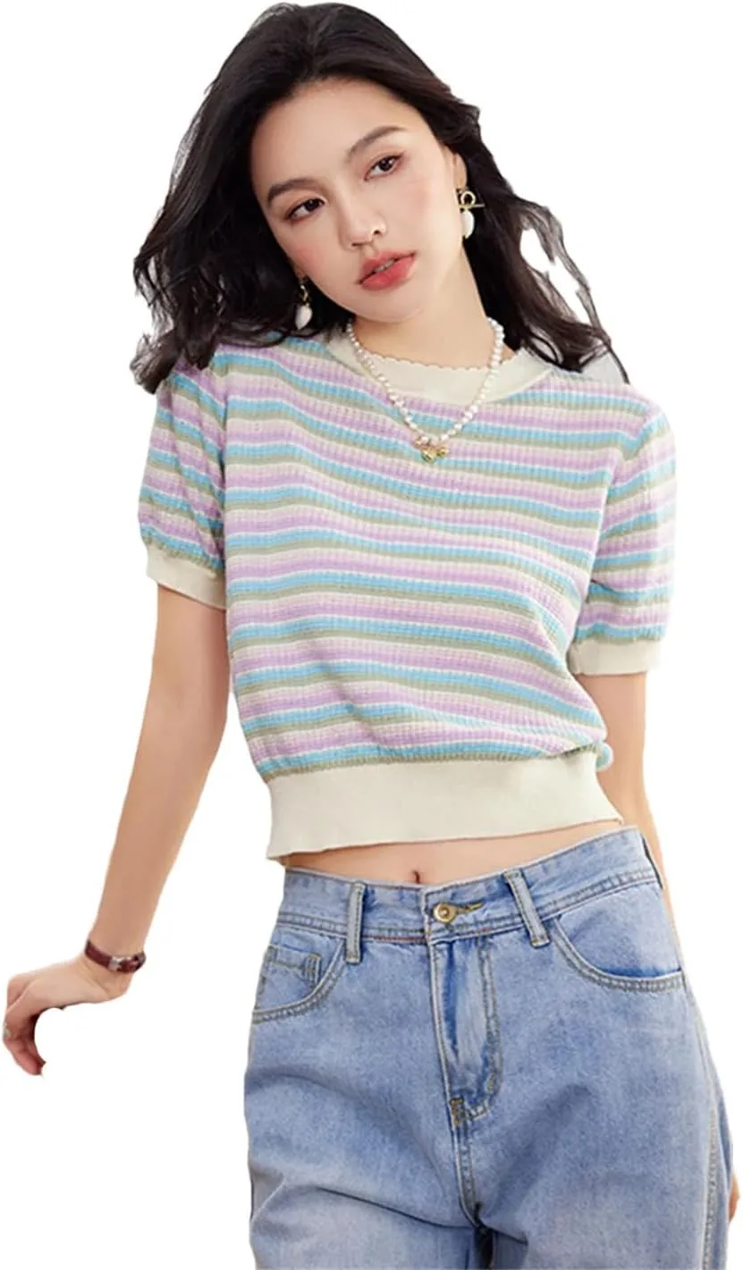 

Женская полосатая вязаная футболка O- Neck с короткими рукавами