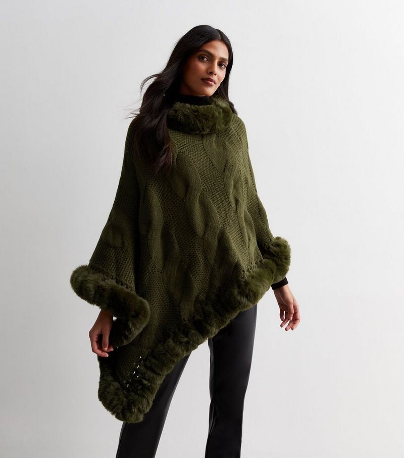 

Gini London Вязаная накидка цвета хаки с отделкой из искусственного меха Gini London, оливковый