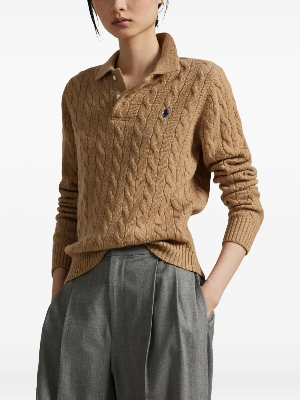 Свитер фактурной вязки с воротником поло POLO RALPH LAUREN, нейтральный — фото 3
