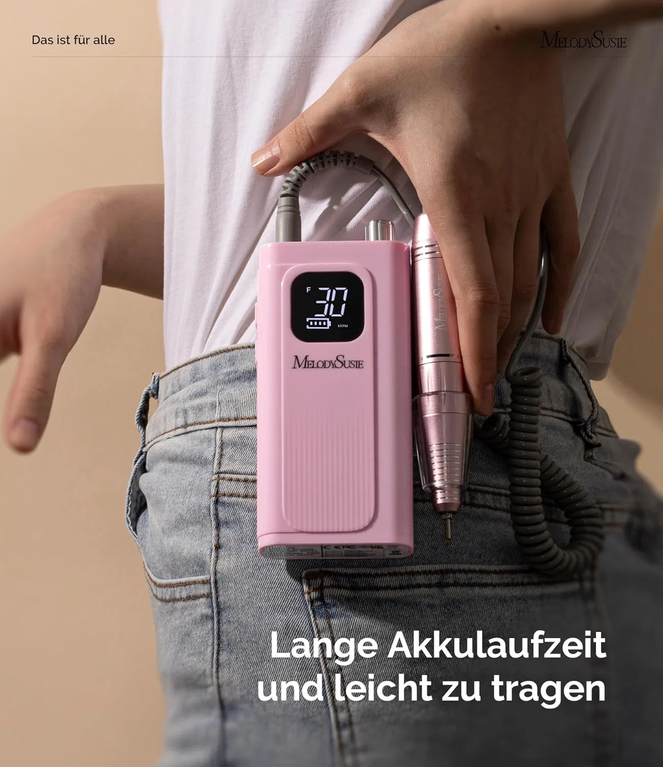 Аккумуляторный фрезер для ногтей MelodySusie SC300F 30000 об/мин с LCD-дисплеем Melodysusie, Pink — фото 2