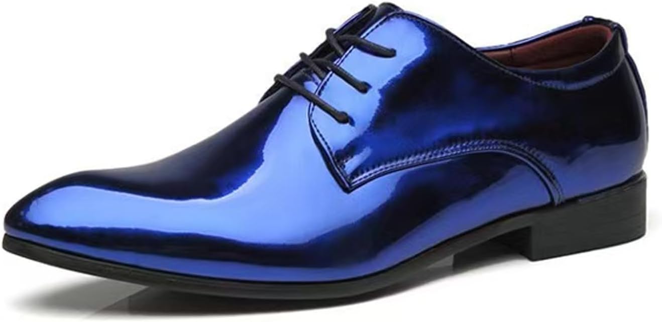 

Мужские ретро туфли-оксфорды из блестящей лакированной кожи на шнуровке, с заостренным носком, массивным каблуком, противоскользящие, повседневные для делового стиля, выпускного или вечеринки Qwuieoin, синий