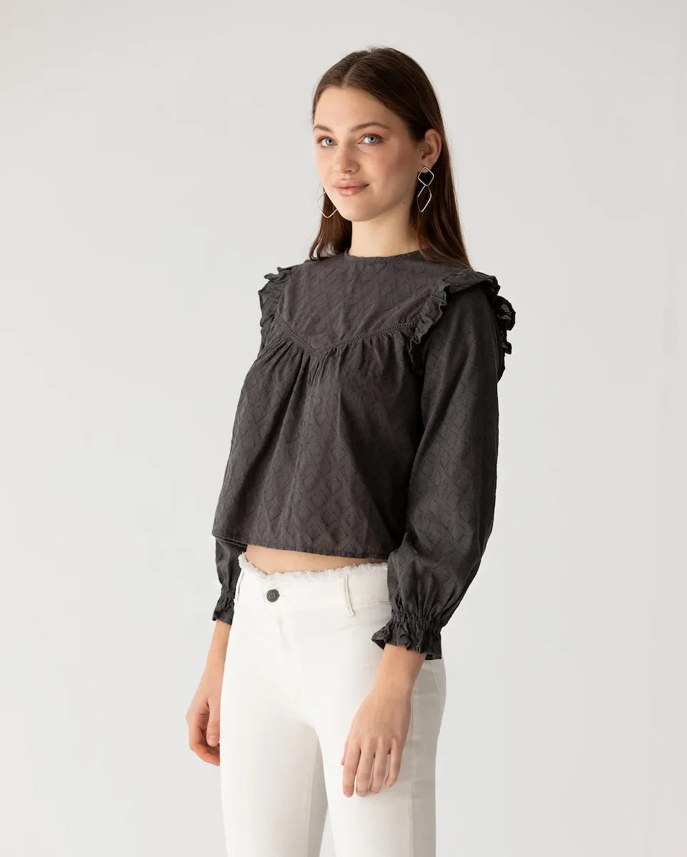 

Женская блузка с ромбовидным принтом и воланами Noon, темно-серый