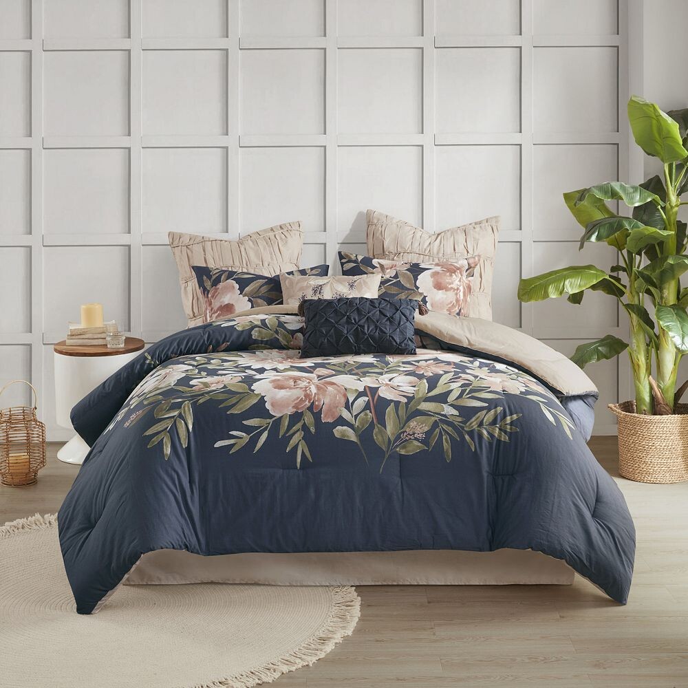 

Madison Park Maia, комплект из 8 хлопковых одеял с цветочным принтом и декоративных подушек, темно-синий