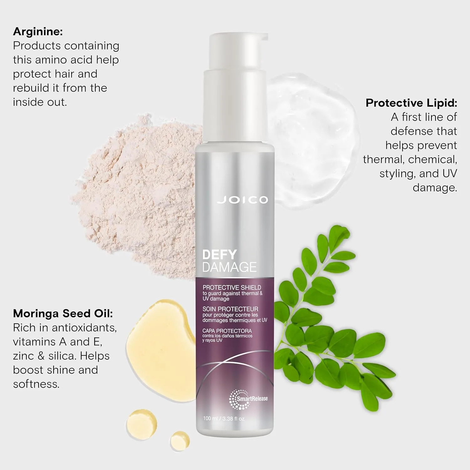 Joico Defy Damage Protective Shield для поврежденных и окрашенных волос, защита от ультрафиолета и термического воздействия, укрепление и сохранение цвета, с маслом семян моринги и аргинином 100 мл (2 шт.) — фото 4