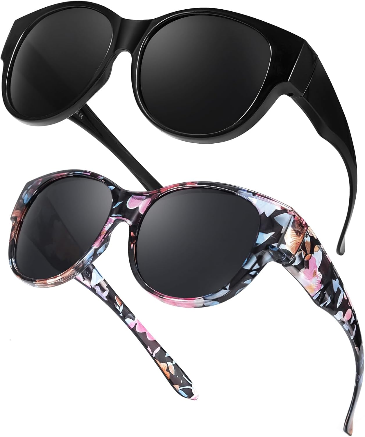 

Солнцезащитные очки TJUTR увеличенного размера для женщин. Модные поляризованные солнцезащитные очки, надеваемые поверх очков с диоптриями, с защитой от УФ-излучения UV400, A05(2 Pack) Black Gray + Floral Gray