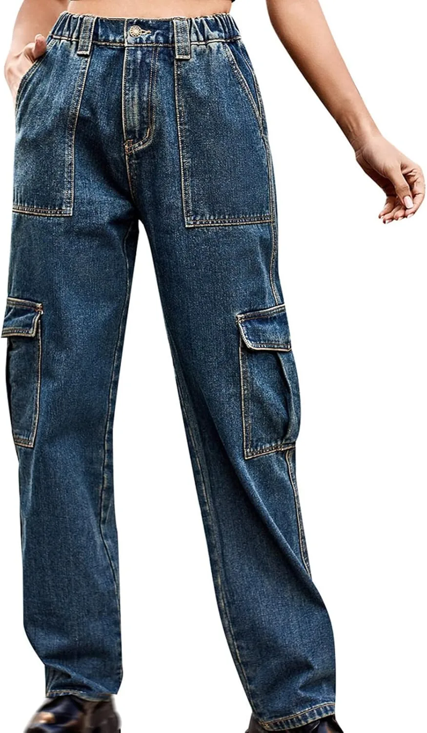 

Женские джинсы bootcut с эластичным поясом и прямыми штанинами