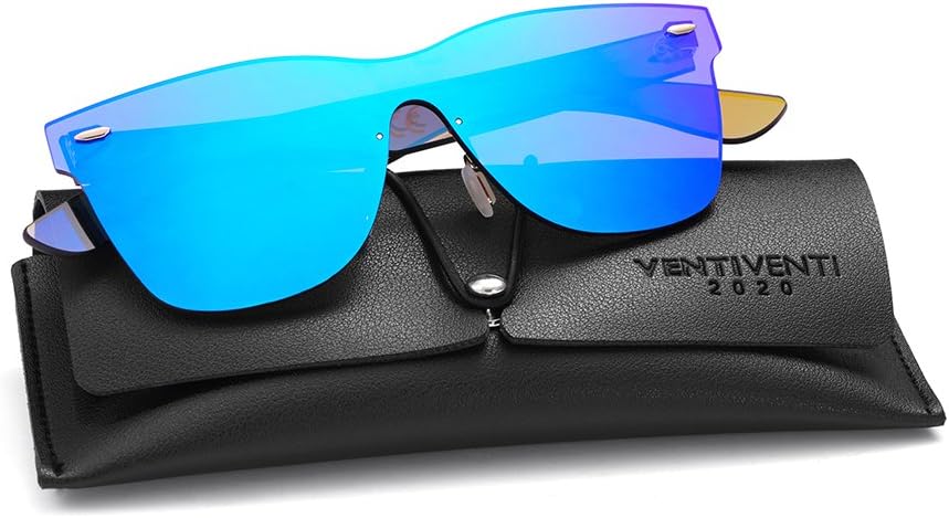 

Солнцезащитные очки без оправы для женщин и мужчин, цельные, квадратные, с большими зеркальными линзами и антибликовым покрытием 2020 VentiVenti, Blue Frame/Blue Revo Lens