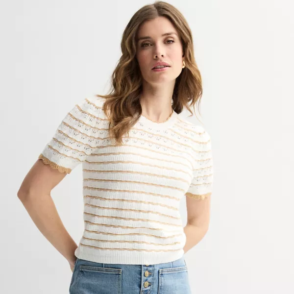 

Женский короткий рукав свитер с ажурной вязкой Draper James, цвет ivory tan stripe
