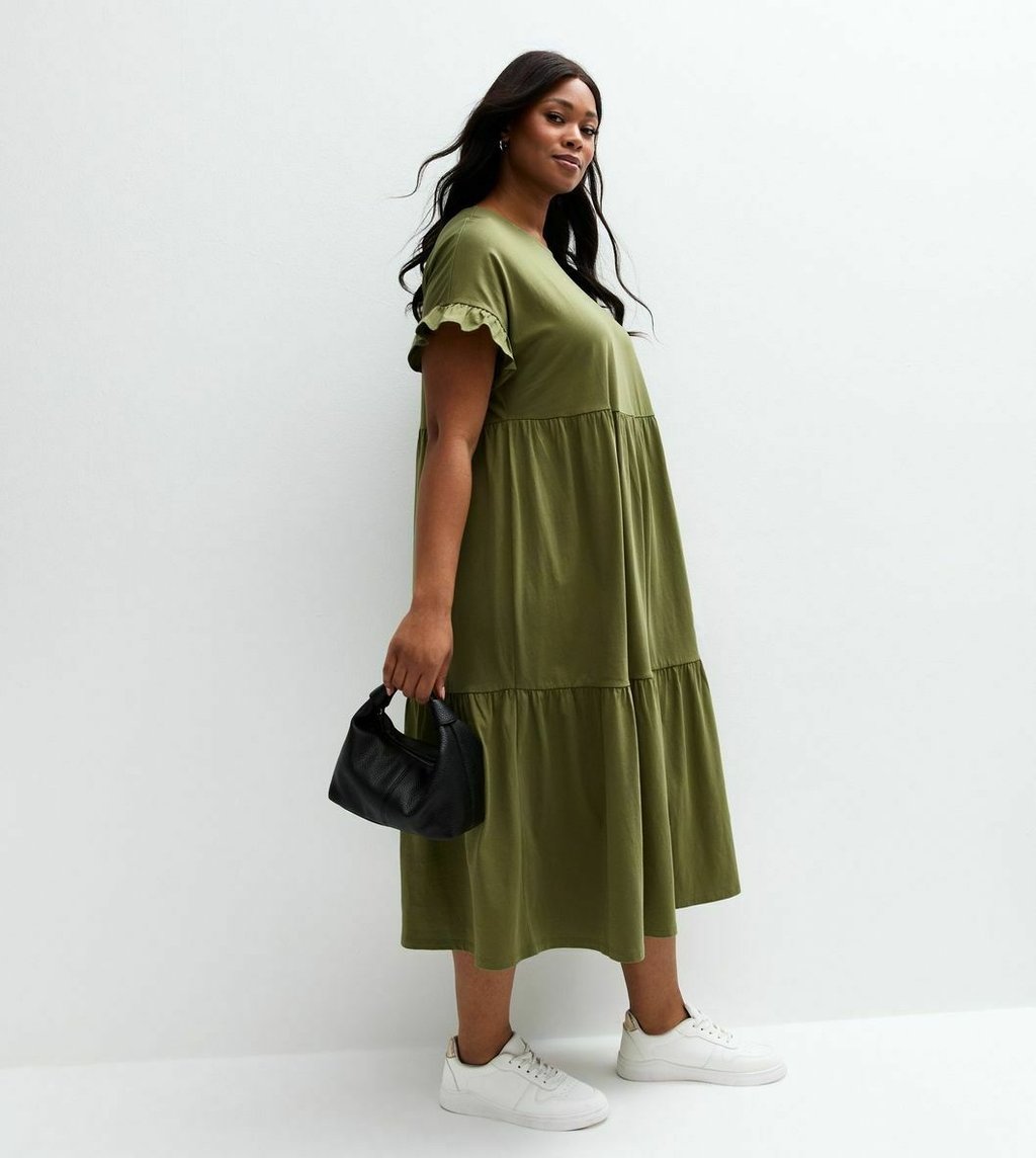 

Повседневное платье CURVES FRILLY SLEEVE TIERED MIDI New Look Curves, хаки