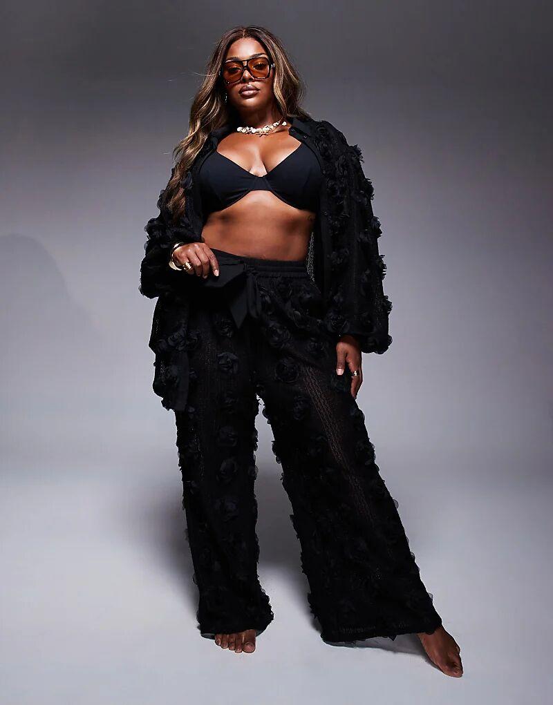 

Пляжные брюки ASOS LUXE Curve Co-ord с 3D-цветочным узором, черные