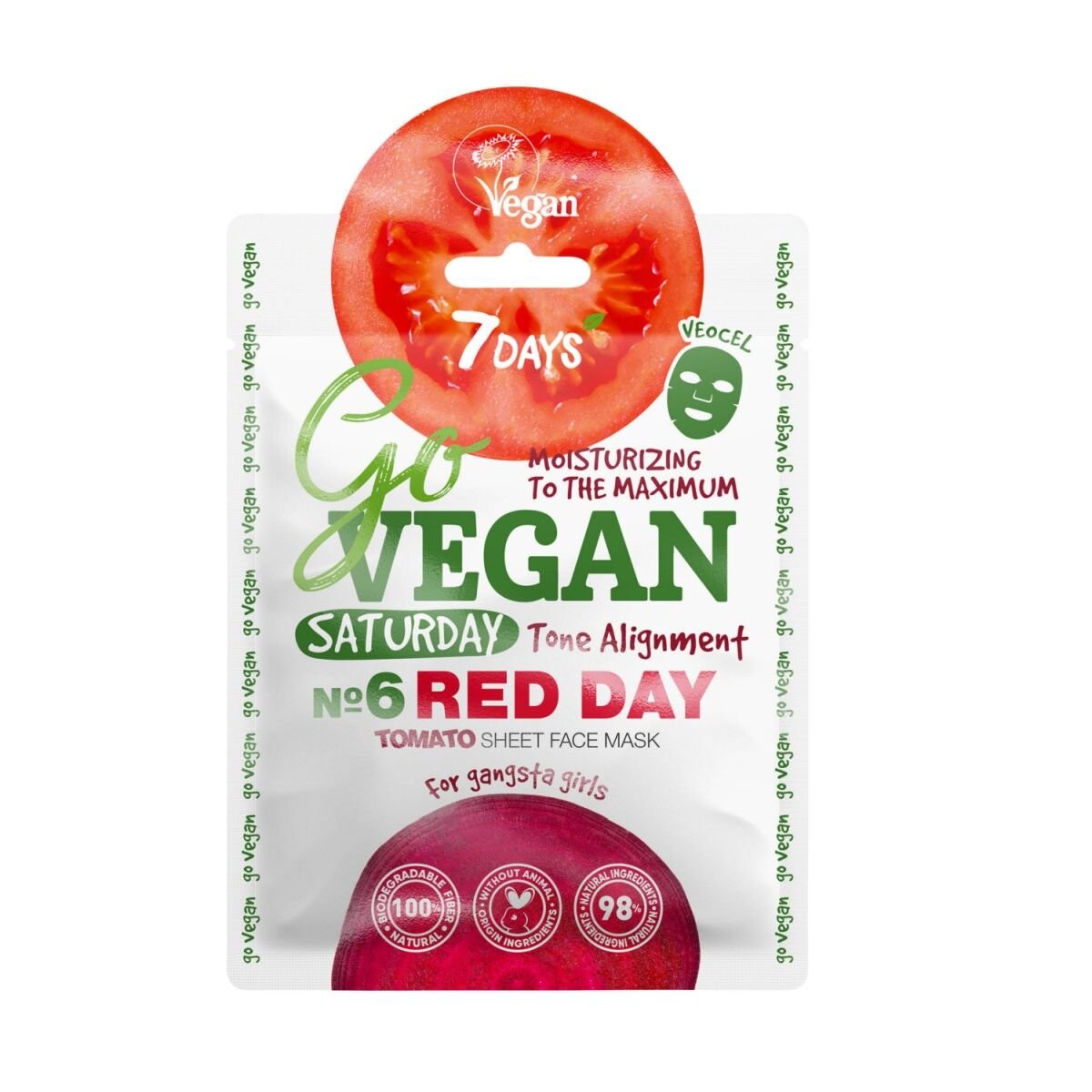 

7Days, GoVegan, увлажняющая и тонизирующая тканевая маска Saturday RED DAY, томат, свекла, имбирь, экстракт ламинарии, 25 г