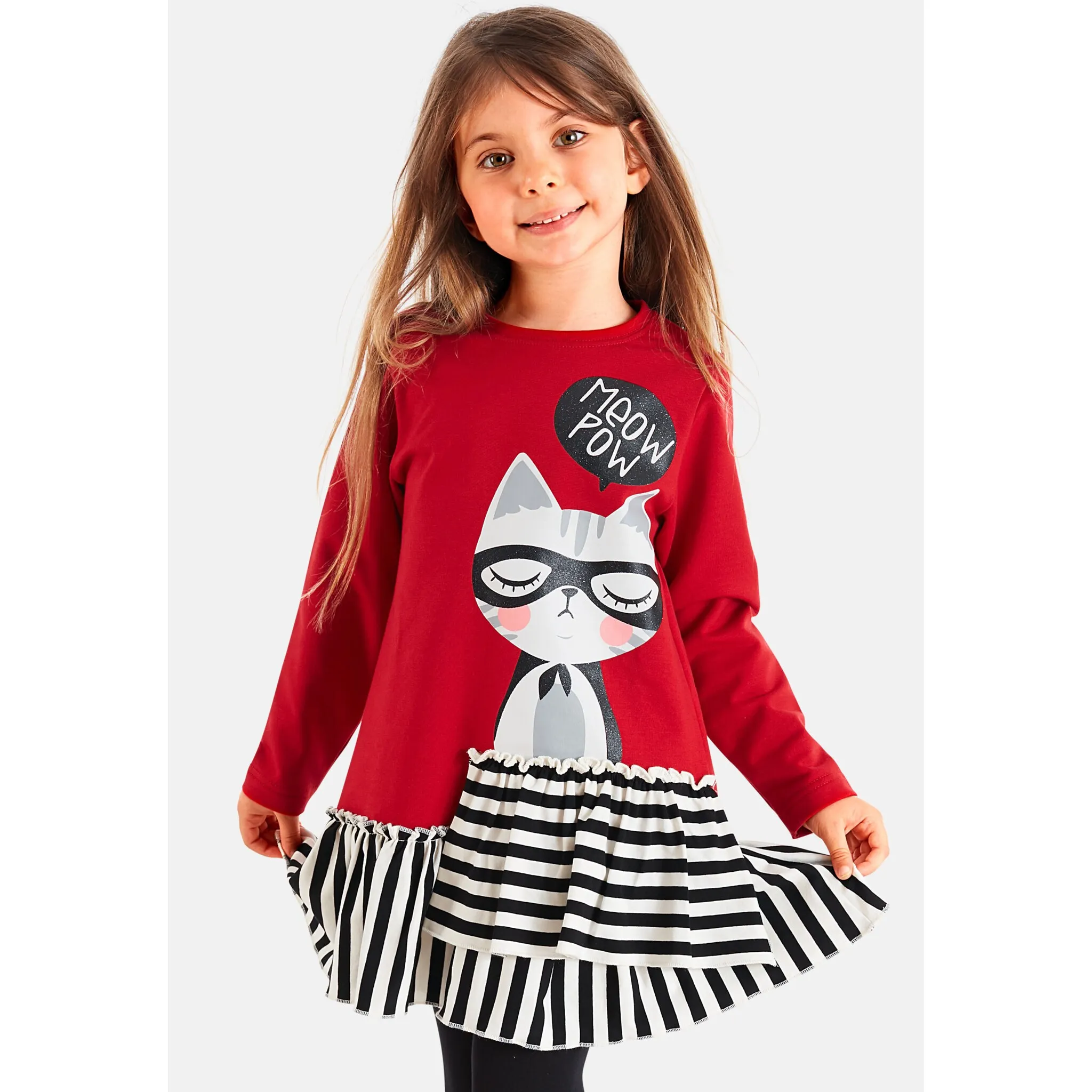 

Платье-рубашка Denokids «Meow Pow» с кошачьим принтом, красный