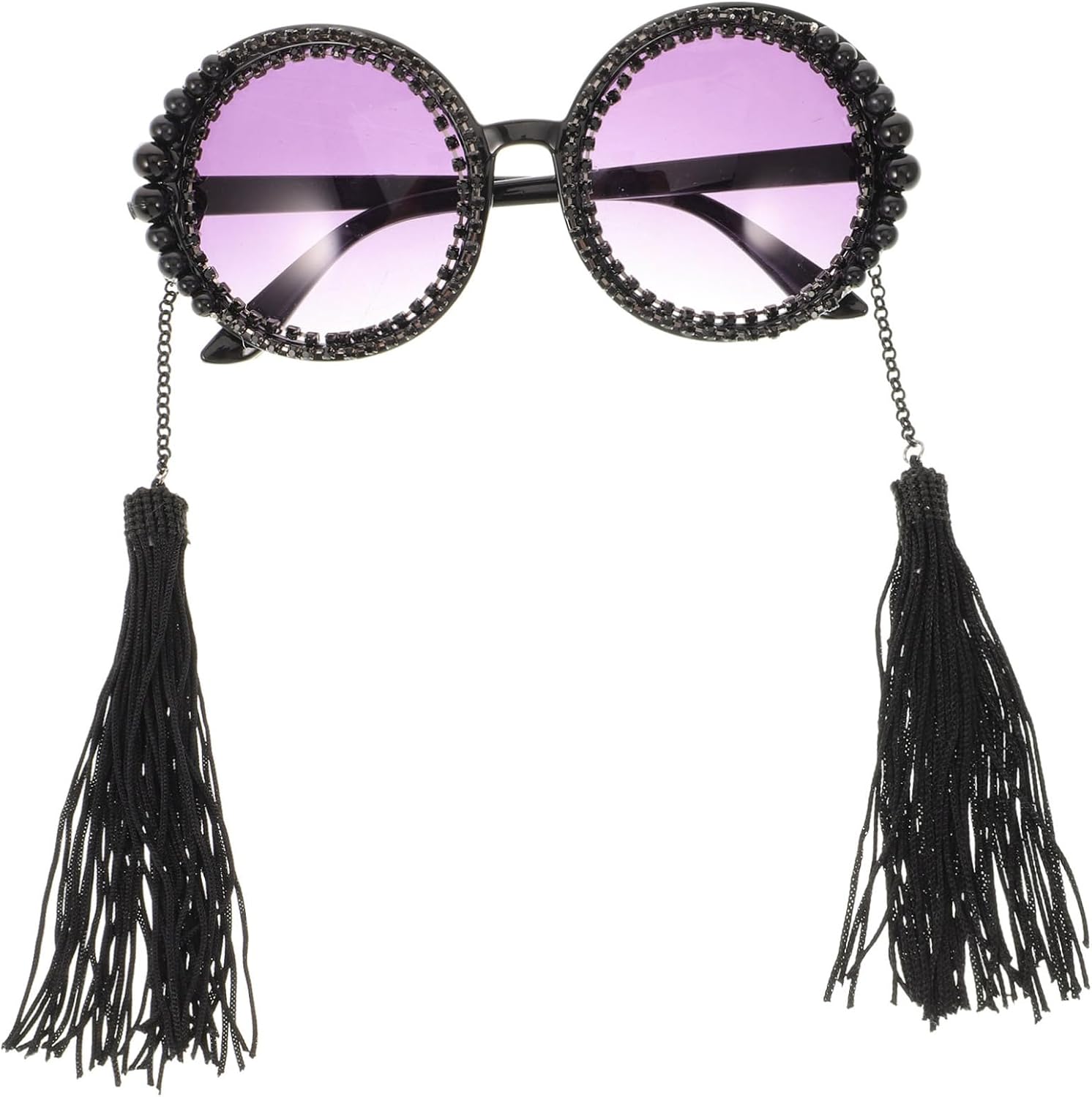 

Креативные ретро-солнцезащитные очки круглые черные для женщин, легкие и удобные, с кисточками и жемчужной отделкой, в винтажном стиле, с защитой от УФ-излучения COOPHYA, Black