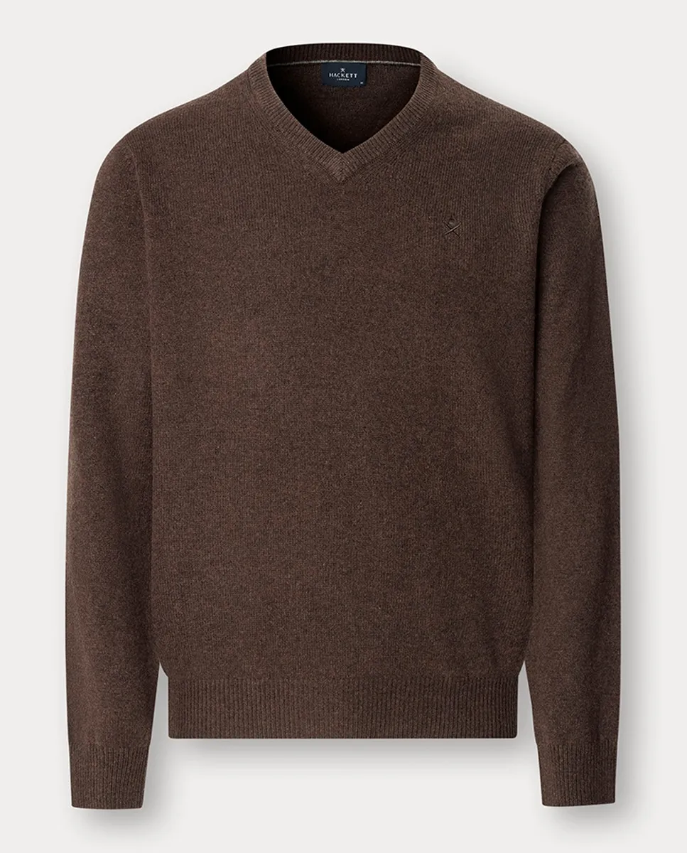 

Мужской однотонный джемпер с V-образным вырезом и вышитым логотипом Hackett, коричневый
