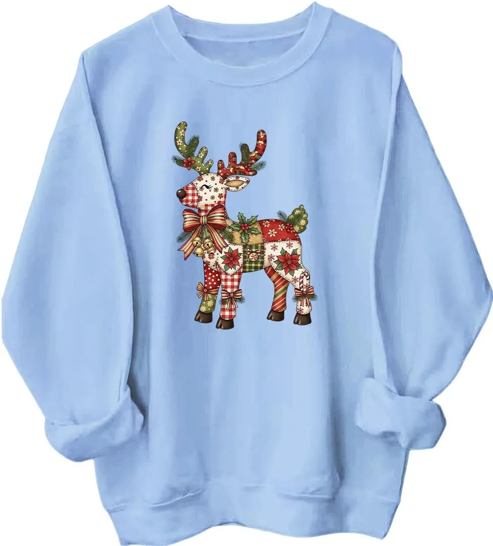 

Свитшот с оленем в стиле пэчворк — винтажный рождественский худи для всей семьи MQZUO