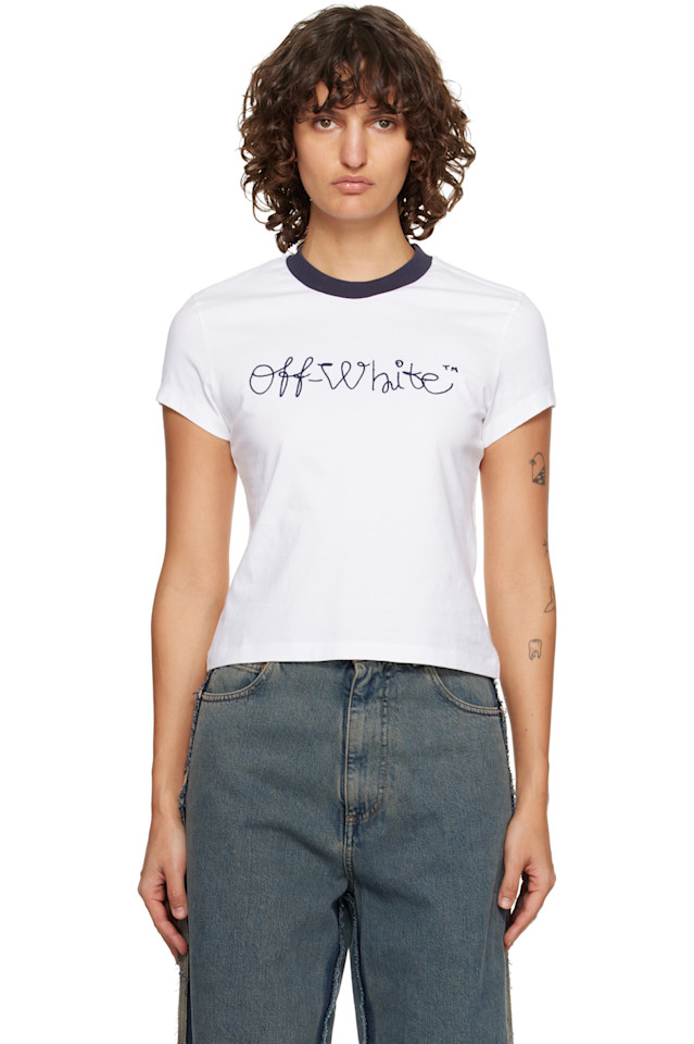 

Off-White Белая приталенная футболка с вышитым логотипом