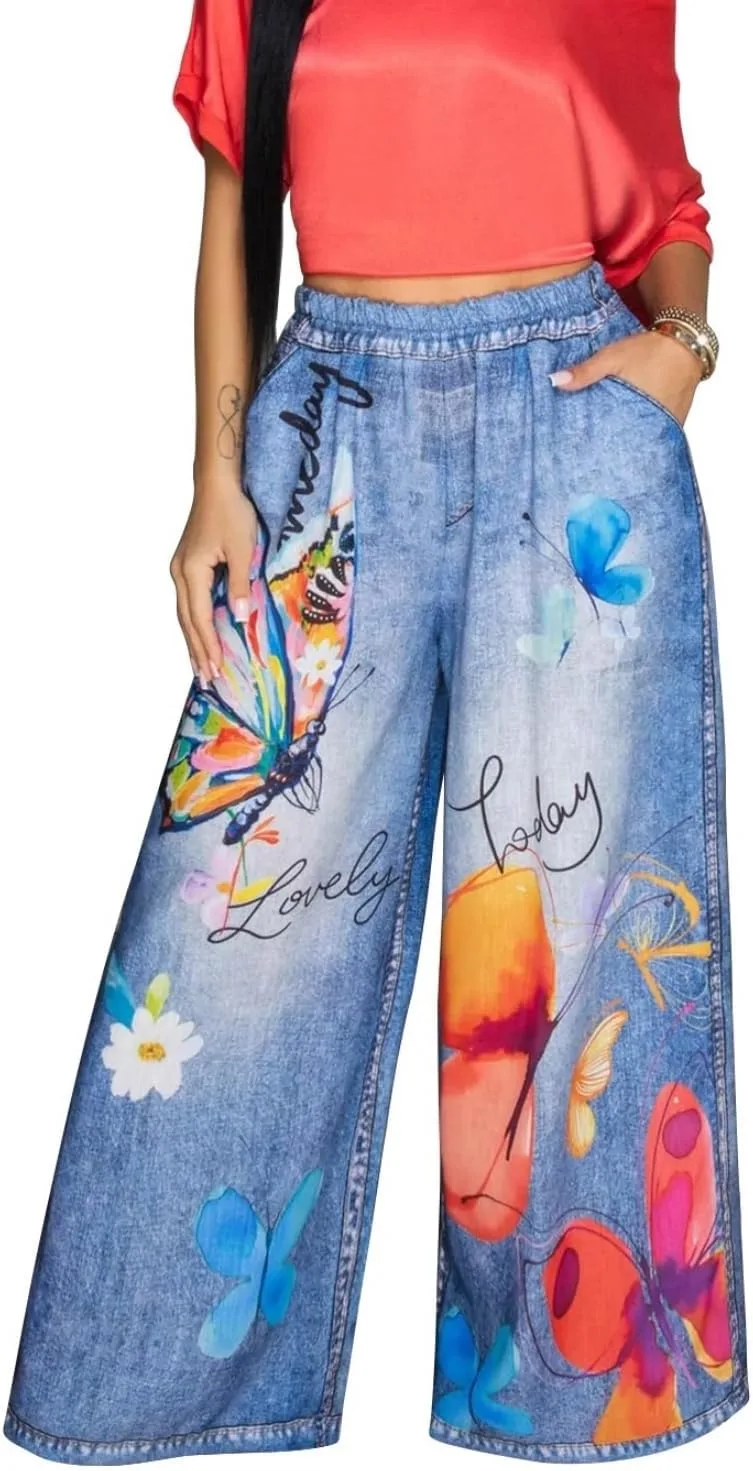 

Женские джинсы Yeshire с цветочным принтом, высокая талия, широкие прямые