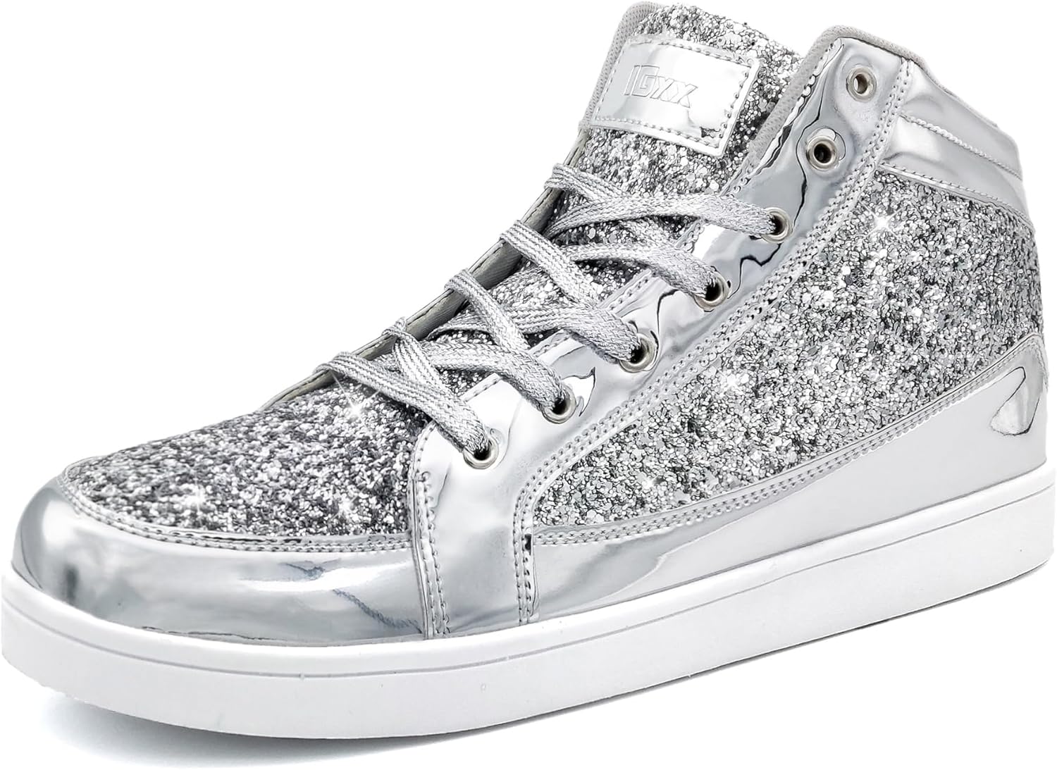 

Мужские кроссовки IGxx Glitter White белые с блестками, модные высокие повседневные с пайетками, блестящие и сверкающие, серебряный
