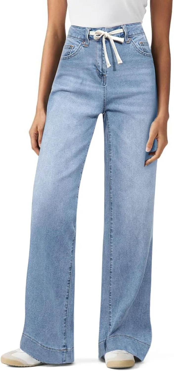 Прямые джинсы для женщин Casual High Waisted с кулиской, эластичные, свободного кроя — фото 2
