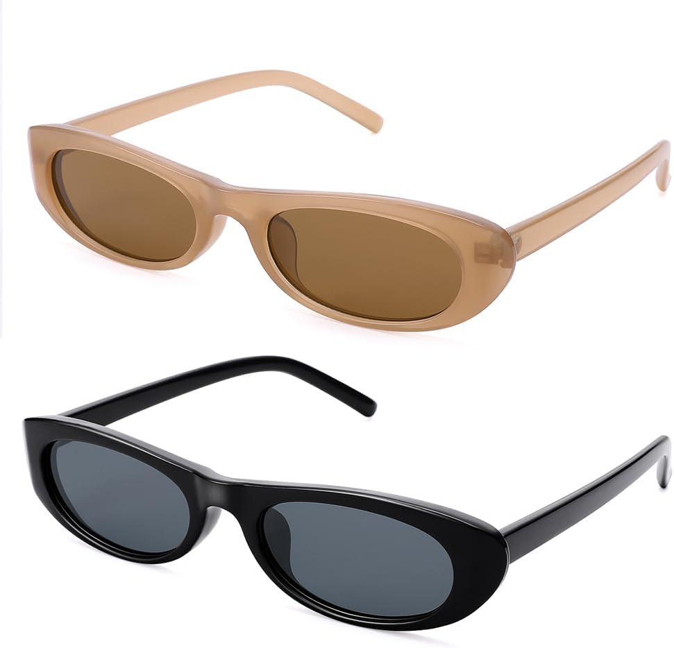 

Солнцезащитные очки SCVGVER овальной формы для женщин и мужчин, узкие солнцезащитные очки в стиле 90-х, миниатюрные ретро-очки, защита от УФ-излучения UV400, Transparent Brown Frame - Brown Lens + Black Frame - Gray Lens