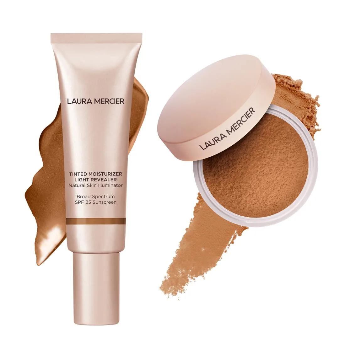 Laura Mercier тонирующий увлажняющий крем Light Revealer с SPF 25, оттенок 5N1 Walnut, и рассыпчатая пудра Ultra-Blur с гиалуроновой кислотой, оттенок Medium Deep