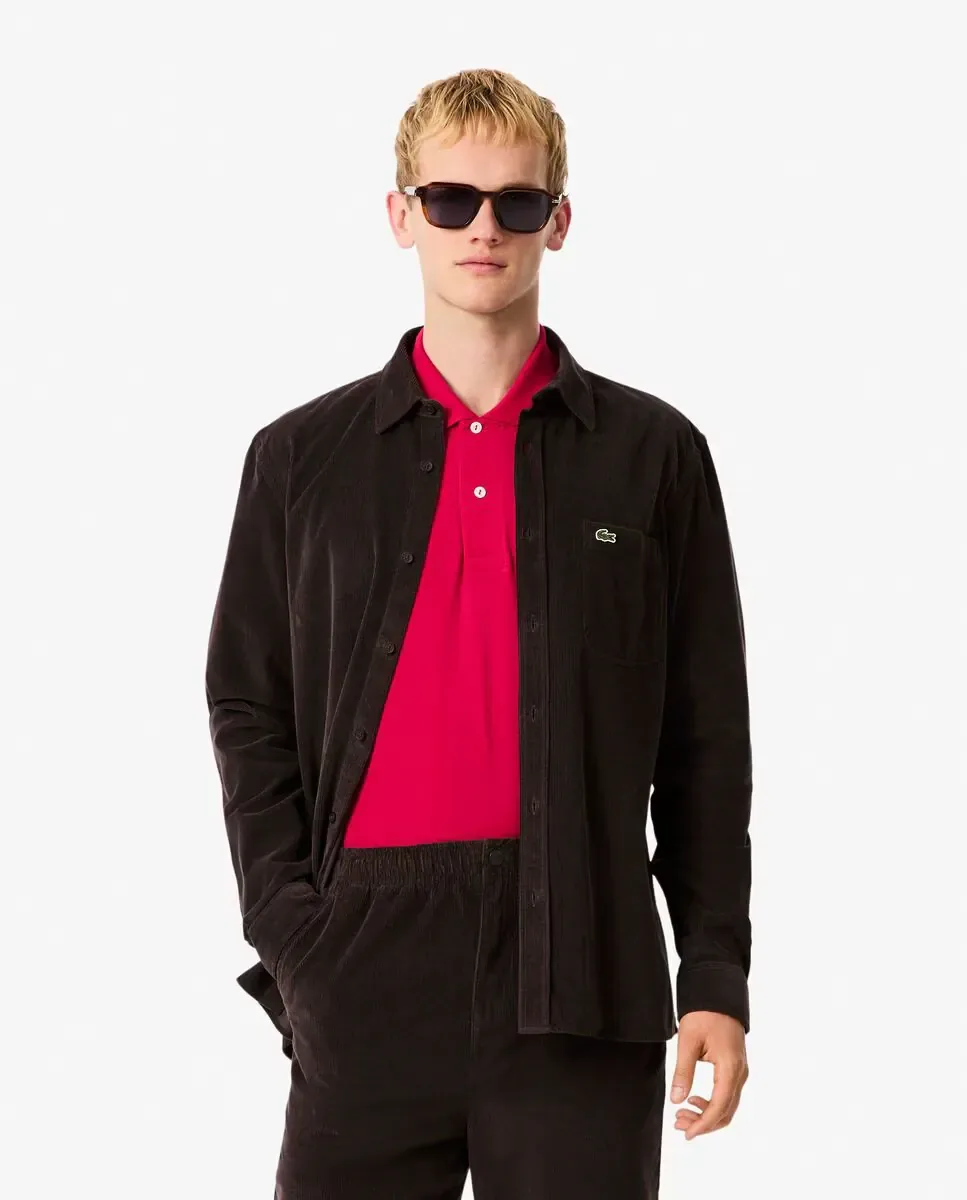 Мужская рубашка прямого кроя из бархата с длинным рукавом Lacoste, шоколадно-коричневый