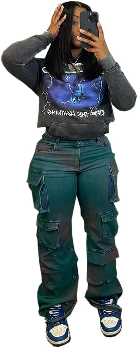 

Женские мешковатые джинсы high-waisted straight-leg cargo с множеством карманов MIAOMIAOWU