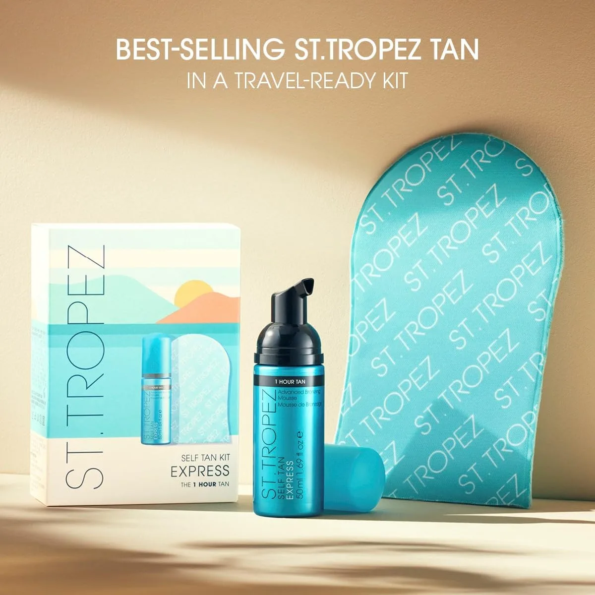 St.Tropex Self Tan Express мини-набор для путешествий: мусс для автозагара Light/Medium/Dark 1-3 часа и аппликатор-варежка, ровный и натуральный оттенок, vegan 50 мл (1 шт.) St.Tropez, Brown — фото 3