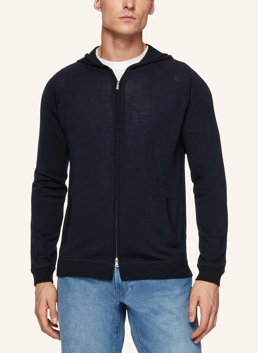 

Кардиган с капюшоном и полной застежкой-молнией из мериносовой шерсти Boggi Milano, темно-синий