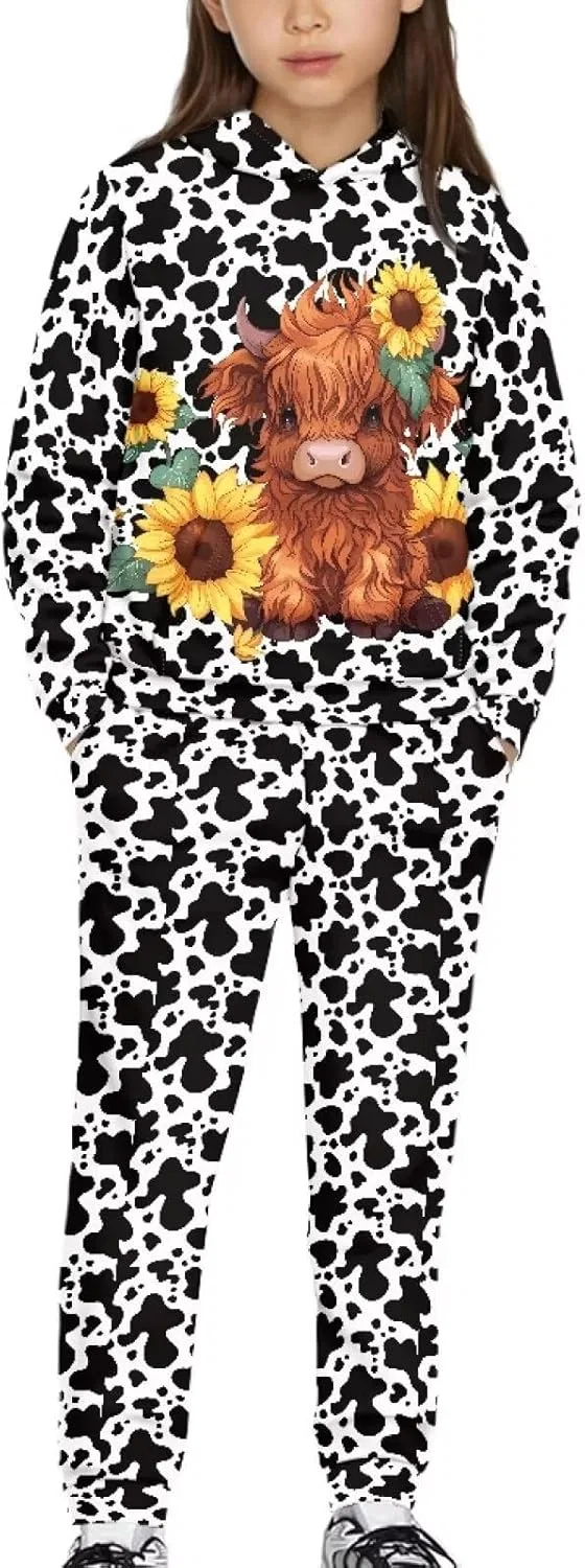 Спортивный костюм для девочек 5-12 лет Xpyiqun, 2 предмета, Highland Cow Print