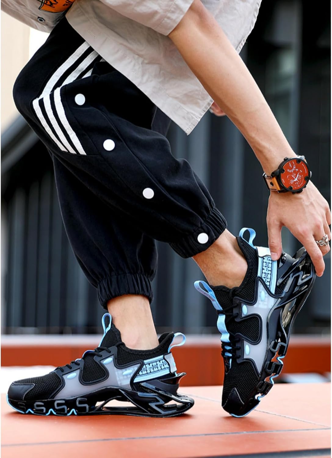 Кроссовки MACEFIL Fashion с дышащей сеткой для бега, объемной подошвой, для мужчин и женщин, светящиеся, легкие, повседневные, спортивные, для ходьбы и занятий в зале, Black&blue — фото 3