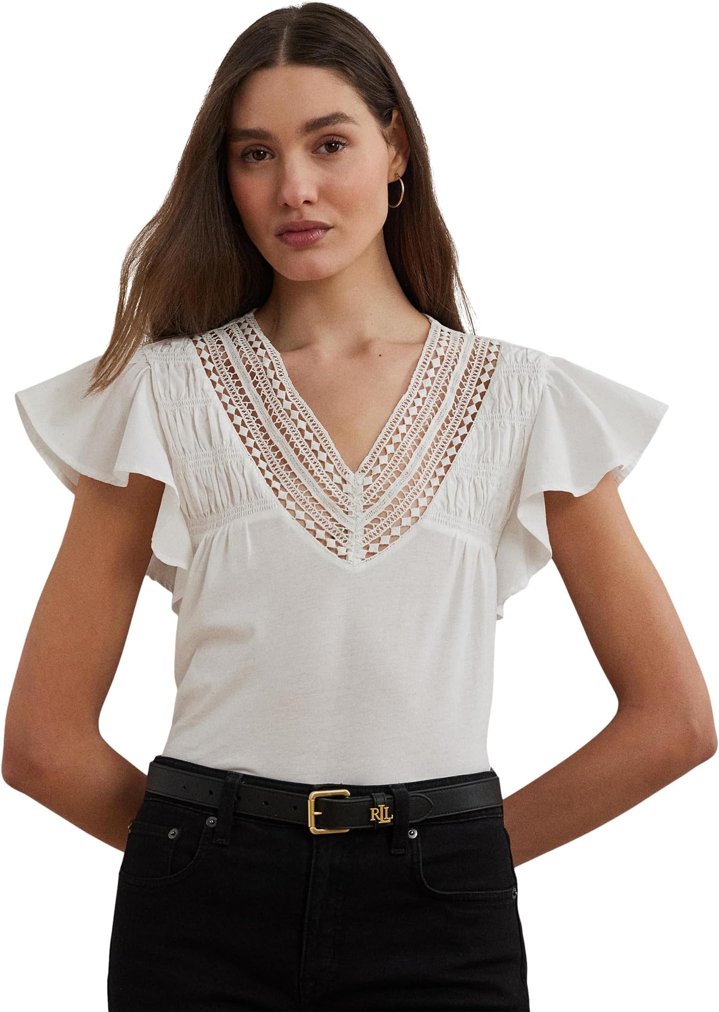 

Футболка Lauren Ralph Lauren Lace-trim Jersey Flutter-sleeve Tee, White