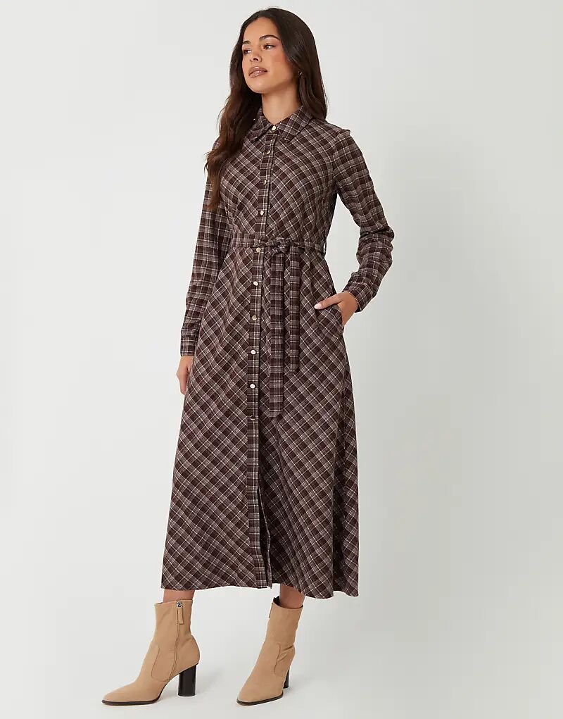 

Платье-рубашка миди Threadbare Check с поясом шоколадного цвета