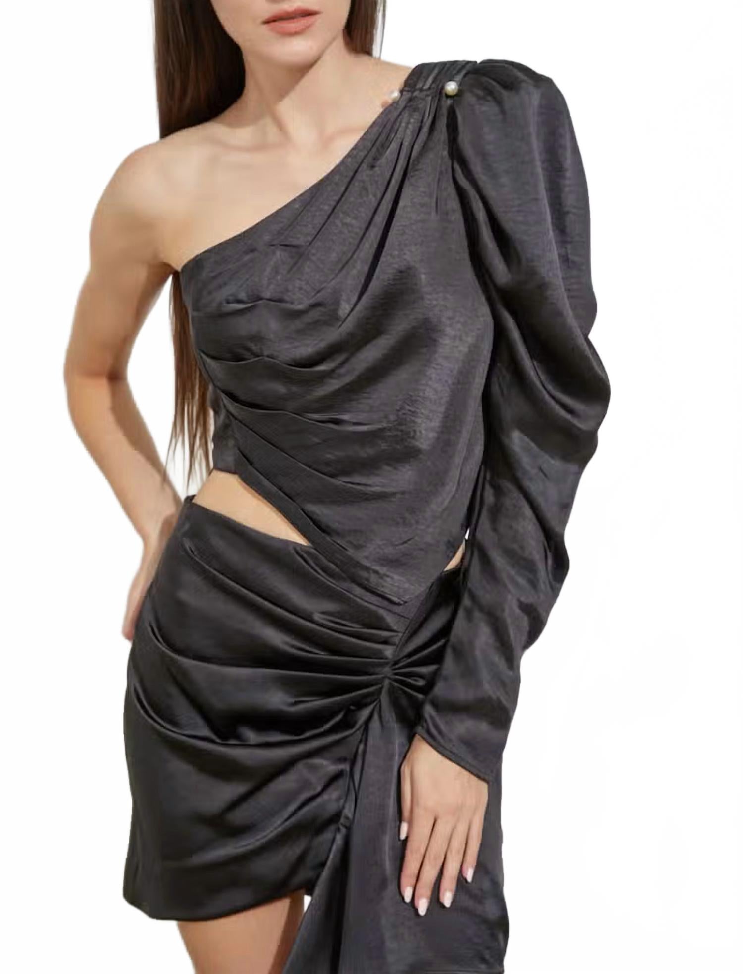 

Топ на одно плечо с рукавами-буфами и сборками, черный Do+Be, черный