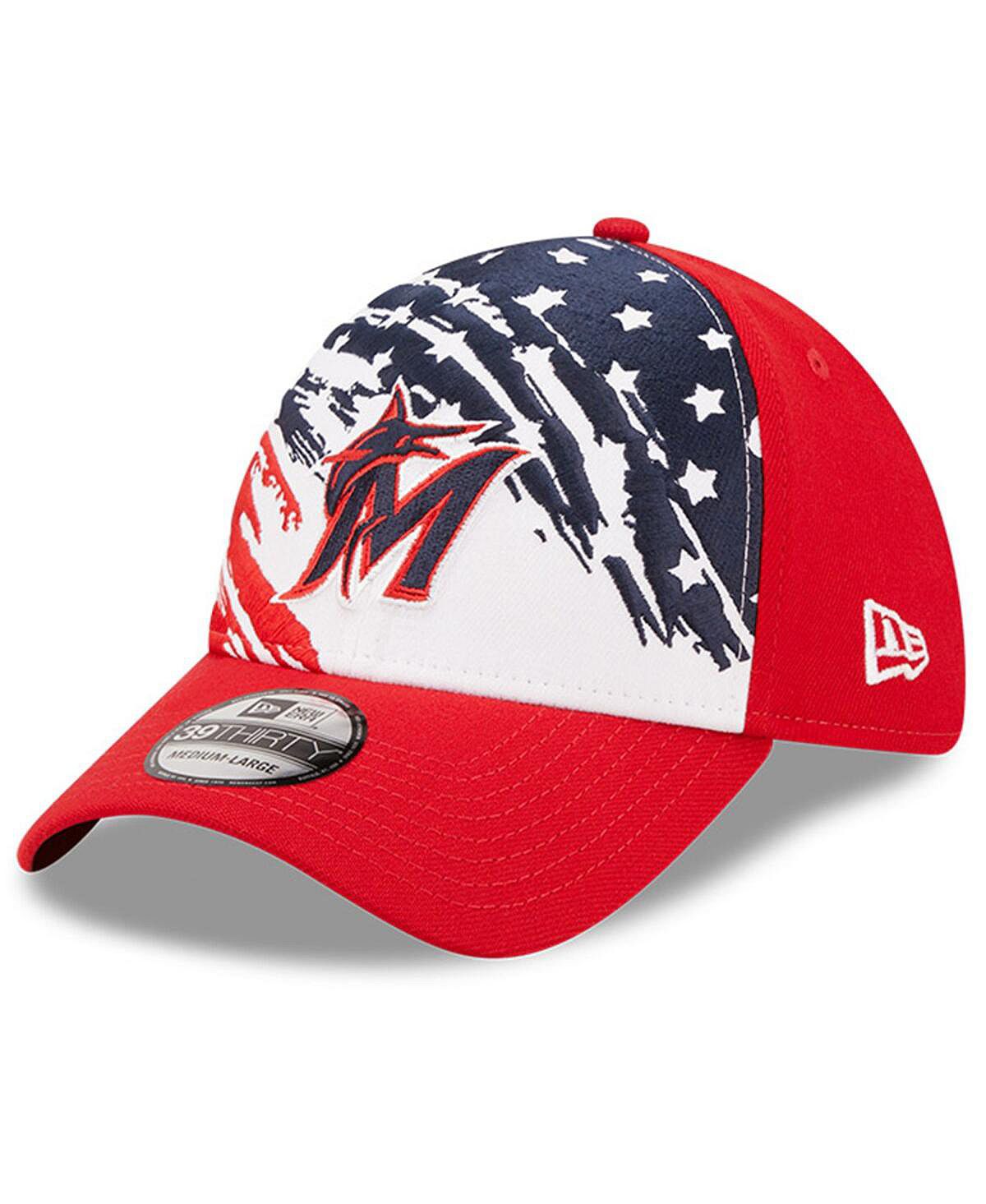 

Мужская красная кепка Miami Marlins 2022, 4 июля, 39THIRTY Flex Hat New Era