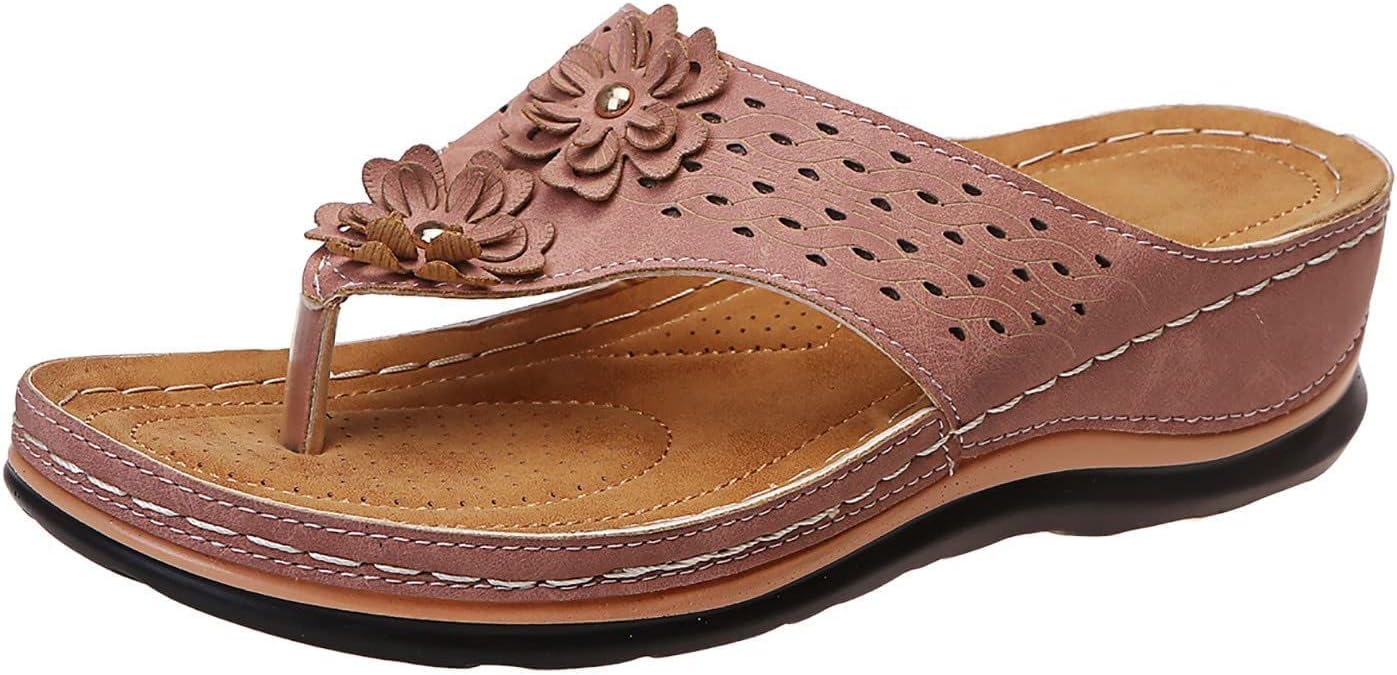 

Ортопедические сандалии с поддержкой свода стопы, женские шлепанцы с декоративным цветком на танкетке, летние удобные сандалии на платформе для прогулок, дышащие с вырезами, легкие шлепанцы Generic, розовый