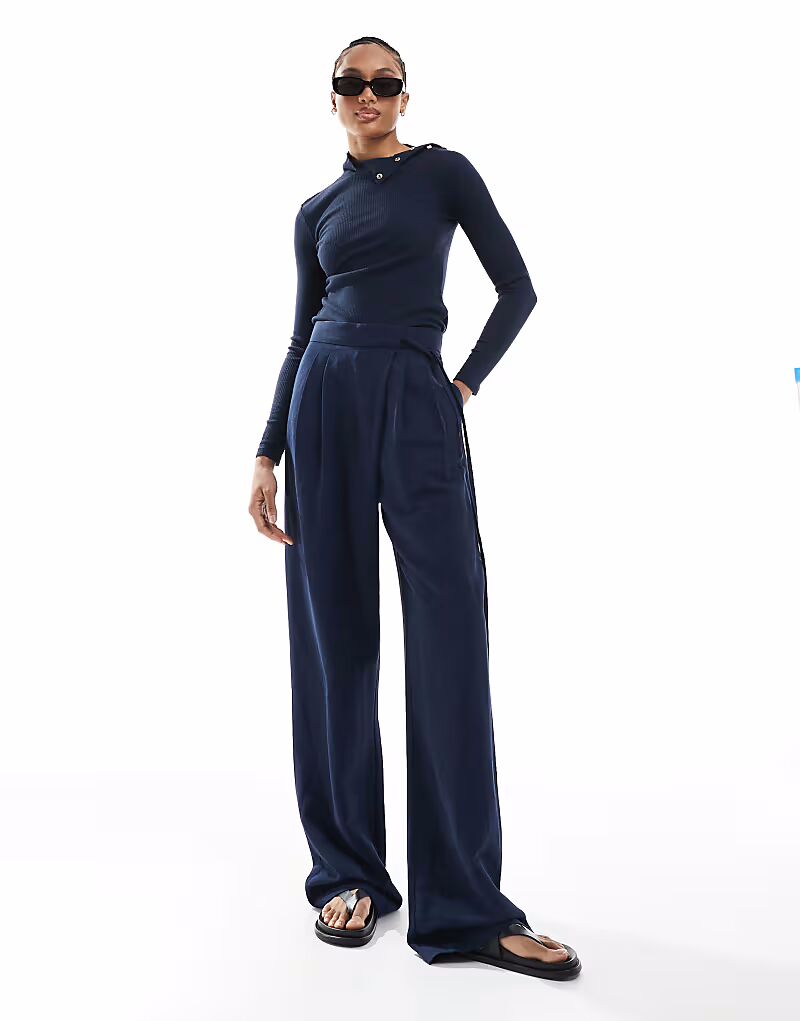 

ASOS DESIGN Высокие брюки-бандаж с завязками и льном темно-синего цвета