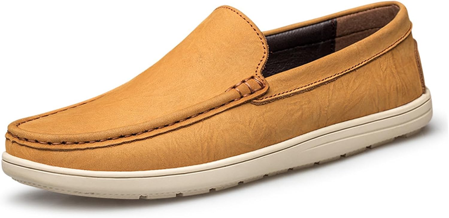 

Мужские кожаные мягкие лоферы классические с круглым носком, удобные низкие с плоской подошвой, без шнурков, повседневные, офисные, для работы, путешествий и вождения Melgonmg, желтый